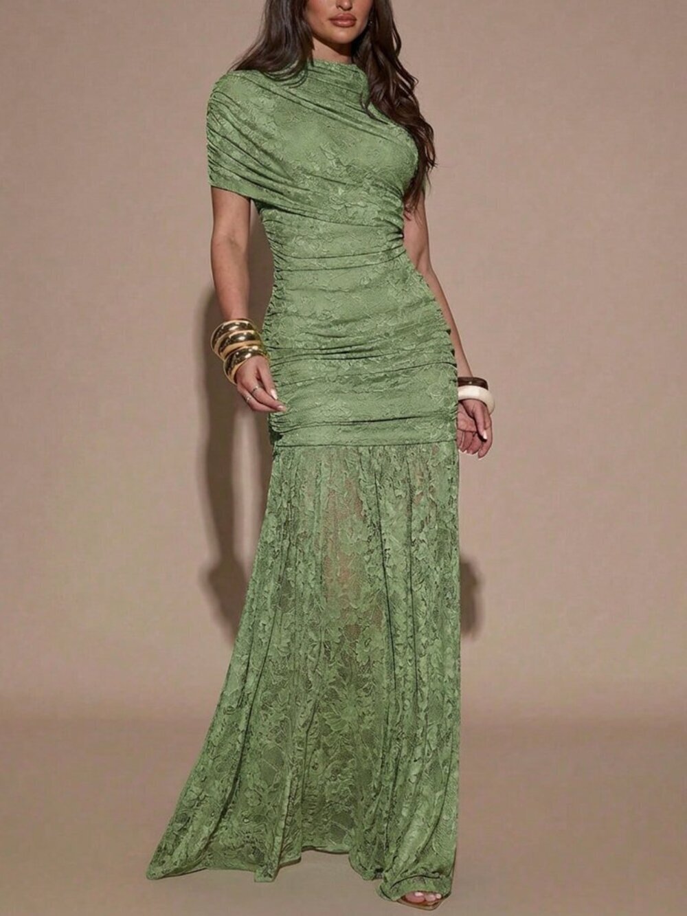 Green Boho Women's Elegant High Neck Ruched A-Line Dress